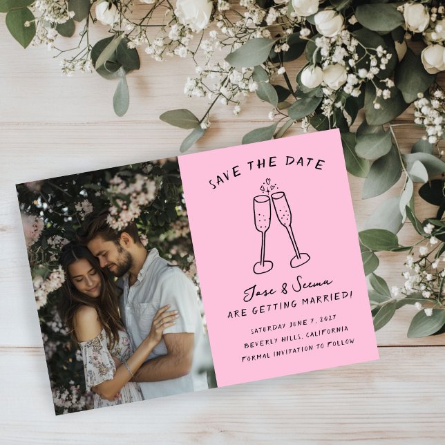 Reserve A Data Champanhe Anima Foto Personalizada Desenhada (Champagne Cheers Hand Drawn Custom PHOTO Save The Date
)