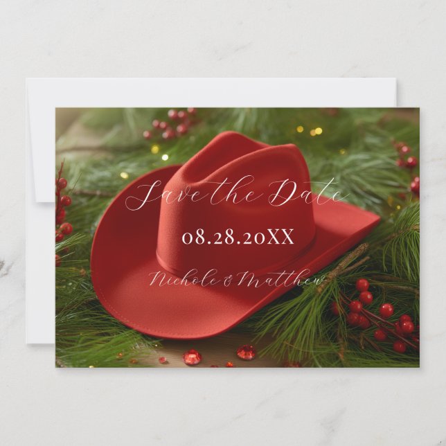 Reserve A Data Chapéu de Cowboy Vermelho de Natal Casamento (Frente)