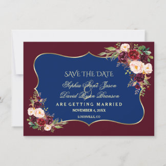 Reserve A Data Charm Marinho Blue Burgundy Floral Dourado Salvar