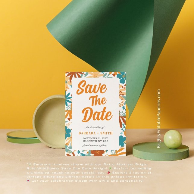 Reserve A Data Charm Retro Abstrato Bright Bold Wildflower (Unveil the perfect blend of vintage charm and bold florals with our captivating Save The Date card.)