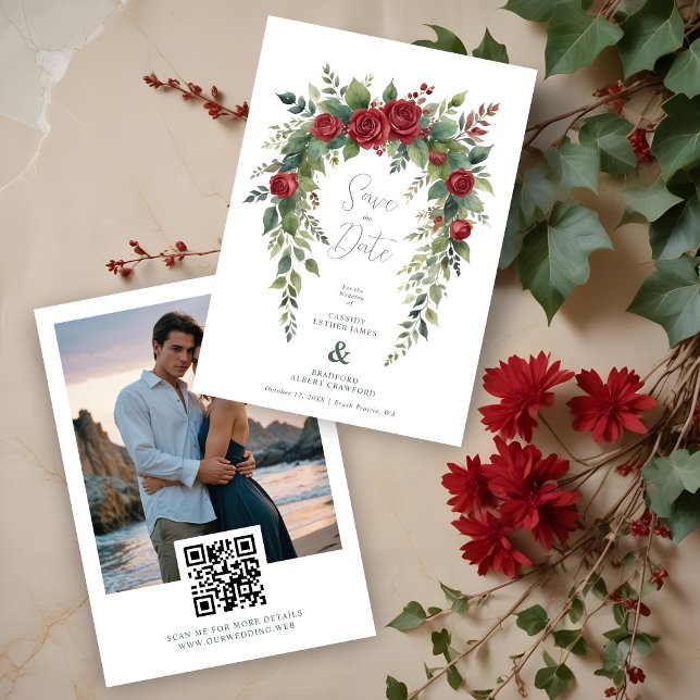 Reserve A Data Charming Exquisite Burgundy Roses & Leaves Garland (Charming Exquisite Burgundy Roses & Leaves Garland Wedding Save the Dates Cards with Photo.)