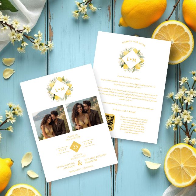 Reserve A Data Charming Romantic Cluster Lemons Initials 2-Photos (Charming Romantic Lemon Clusters with Initials and Two Photos Wedding Save the Date Cards.)