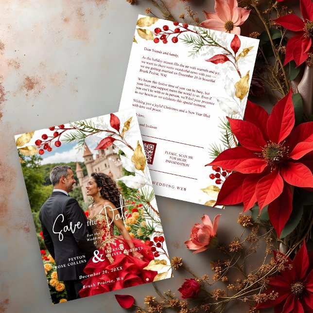 Reserve A Data Charming Winter Christmas Botanical Frame Wedding (Charming Winter Christmas Botanical Frame Wedding Save the Dates Cards with Photo & Modern QR Code.)