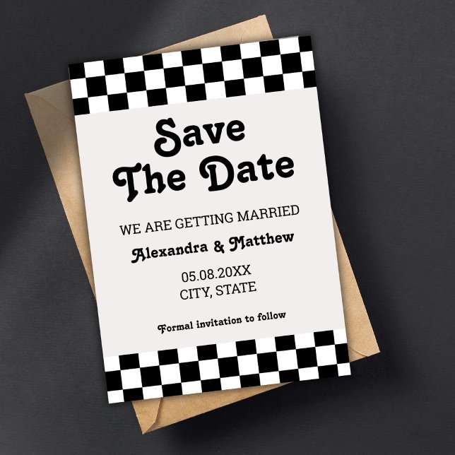 Reserve A Data Checado Em Preto E Branco Da Groovy Retro (retro save the date card checkerboard classic black and white groovy)