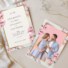 Reserve A Data Cherry Blossom Japão Elegante Blush Foto Dourada