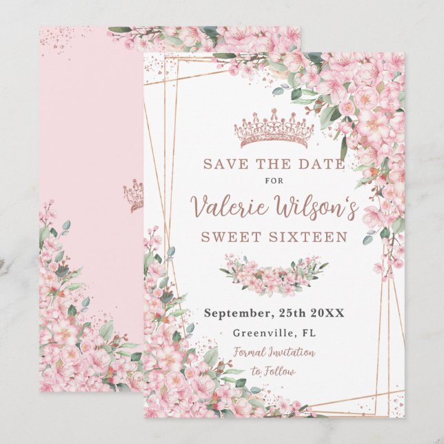 Reserve A Data Cherry Blossoms Rosa Dourado Doce 16 Quinceañera (Frente/Verso)