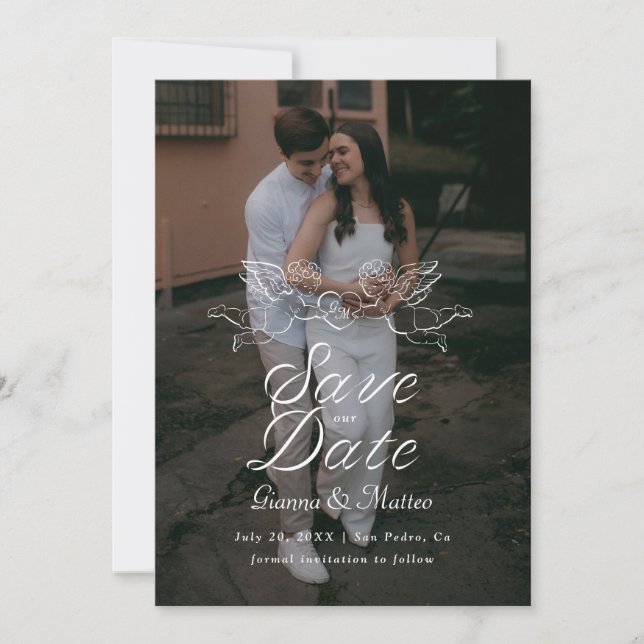 Reserve A Data Cherub Cupid Couple Holding Heart Wedding Photo (Frente)