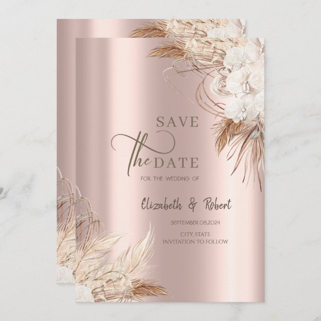 Reserve A Data Chic Boho Flowers Rosa Dourado Casamento Salve A D (Frente/Verso)