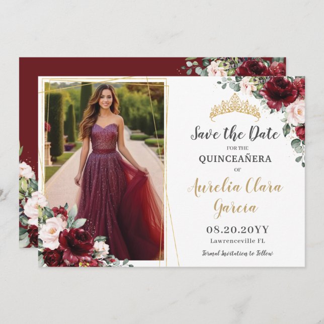 Reserve A Data Chic Burgundy Blush Pink Floral Quinceanera Photo (Frente/Verso)