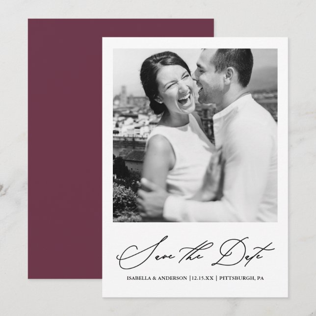 Reserve A Data Chic Burgundy Foto Save the Date (Frente/Verso)