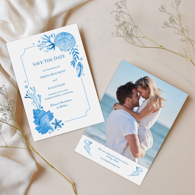 Reserve A Data Chic Costeiro Azul Marinho Conchas e Estrelas-do-M (Coastal Chic Seaside Blue Seashells & Starfish Save The Date)