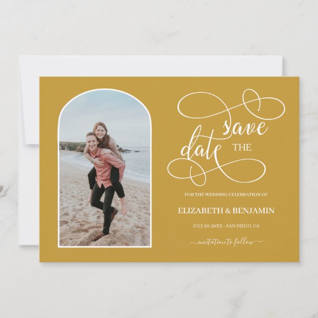 Reserve A Data Chic Dourado Quadro Arqueado Foto Save the Date (Frente)