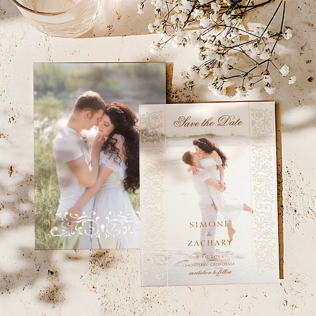 Reserve A Data Chic Ecru Scrollwork Photo Wedding Save the Date (Criador carregado)