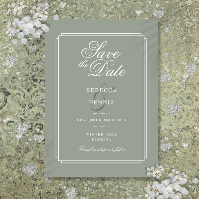 Reserve A Data Chic Elegante Verde Salvia Arte Deco Casamento (Sage Green Chic Elegant Script Art Deco Wedding Save The Date)