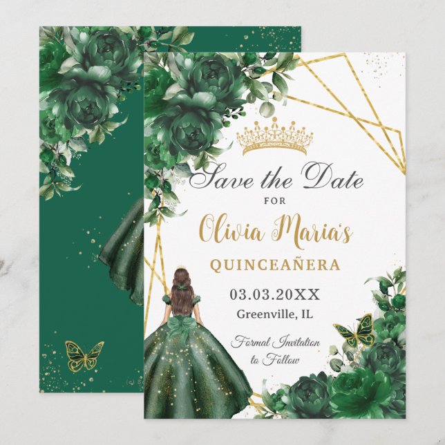 Reserve A Data Chic Emerald Green Flowers Princesa Quinceañera (Frente/Verso)