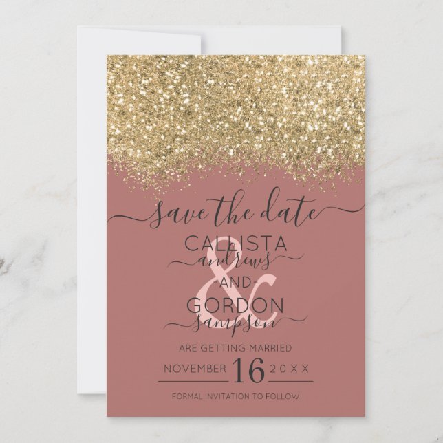 Reserve A Data Chic Glitter Rosa Poeirento Confete Casamento (Frente)