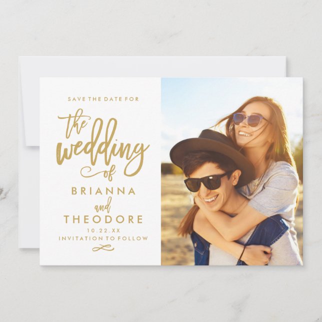 Reserve A Data Chic Hand Lettered Dourado Save The Date Photo (Frente)