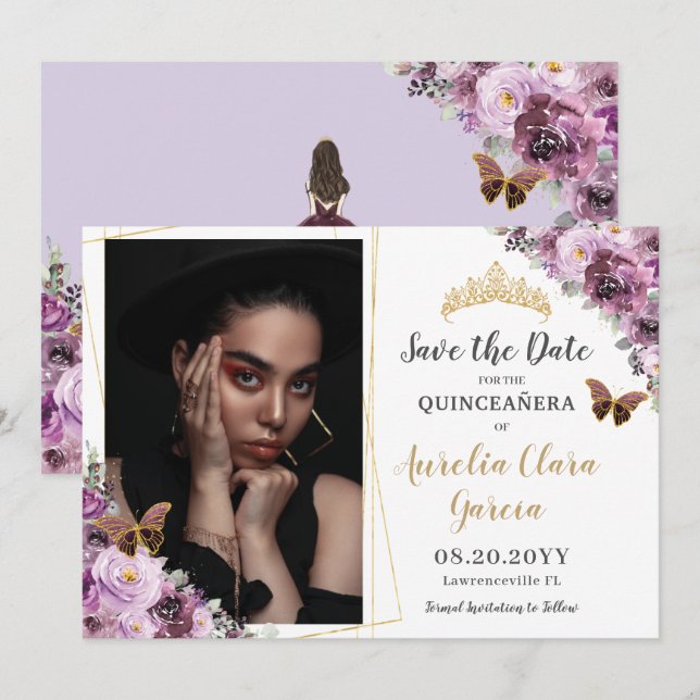 Reserve A Data Chic Mauve Plum Purple Floral Quinceañera Foto (Frente/Verso)
