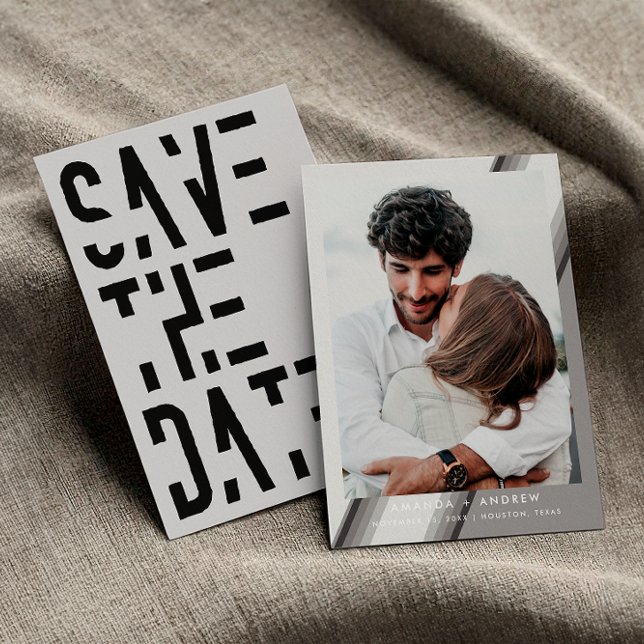 Reserve A Data Chic Preto e Branco Listras Retrô Anos 70 Casament (Front / Back)