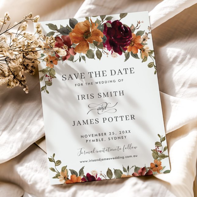 Reserve A Data Chic Rústico Casamento Floral em Borgonha e Laranj (rustic-elegant-burgundy-burnt-orange-floral-autumn-fall-wedding-save-the-date-cards-printed-digital)
