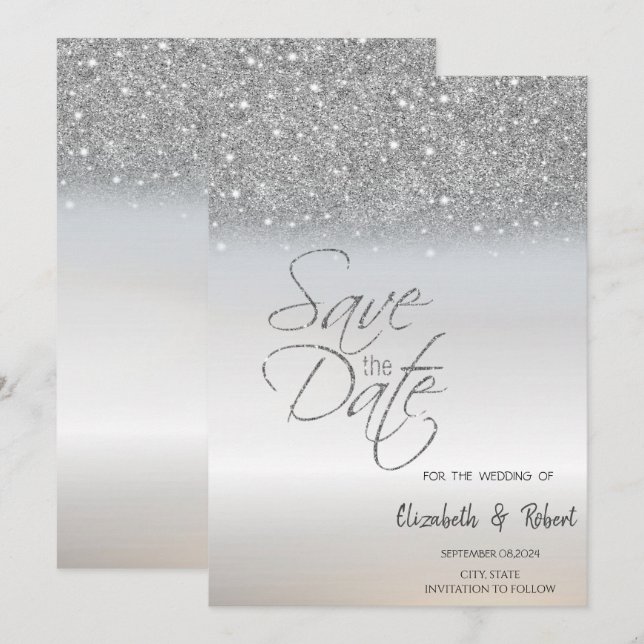 Reserve A Data Chique Elegante Brilho Prata Bokeh Save The Date (Frente/Verso)