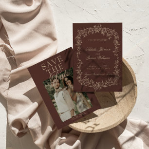 Reserve A Data Chocolate Marrom Bege Floral Foto Casamento Fancy