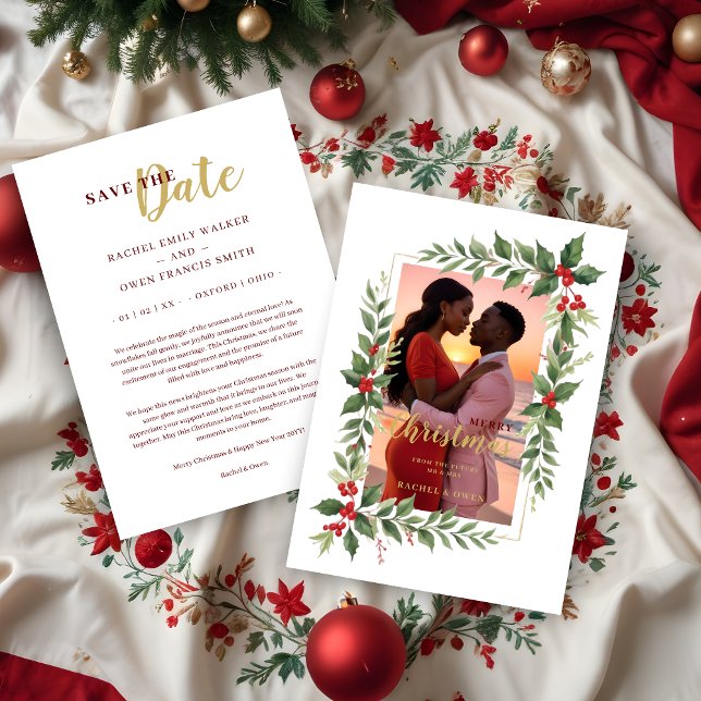 Reserve A Data Christmas Photo Wedding Leaves & Red Berries (Decorative Christmas Photo Frame with Green Leaves & Red Berries Christmas Card.)