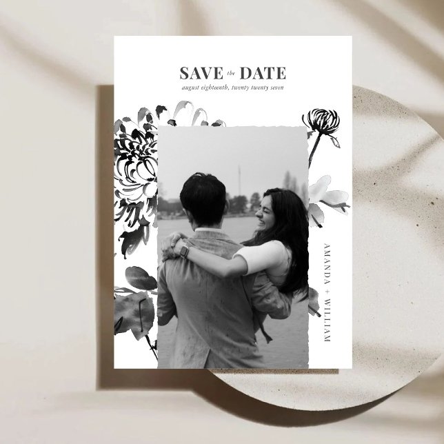 Reserve A Data Chrysanthemum Ink Art Photo Save The Date Card (Criador carregado)