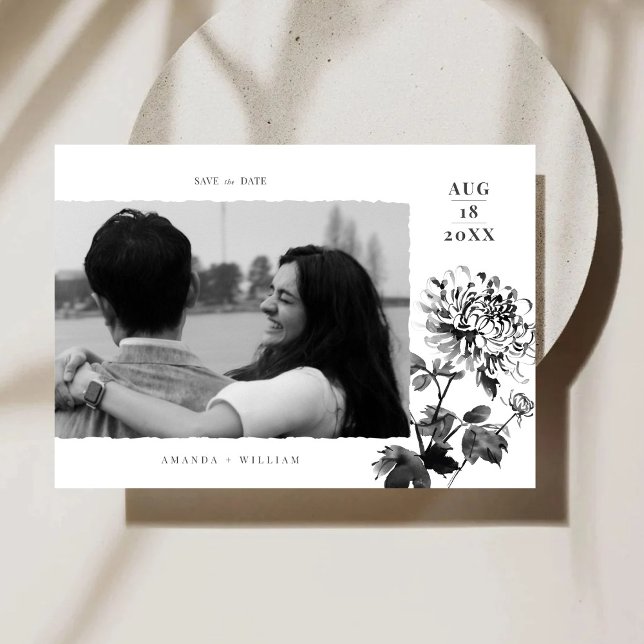 Reserve A Data Chrysanthemum Ink Art Photo Save The Date Card (Criador carregado)
