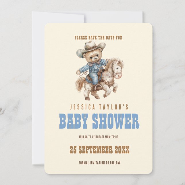 Reserve A Data Chuva de Bebê do Ursinho Teddy Caubói Salve a Data (Frente)