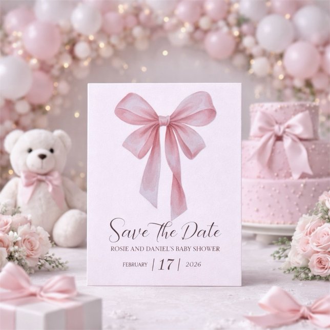 Reserve A Data Chuva de Bebê Menina Arco Rosa Suave (Soft Pink Bow Girl Baby Shower Save The Date)