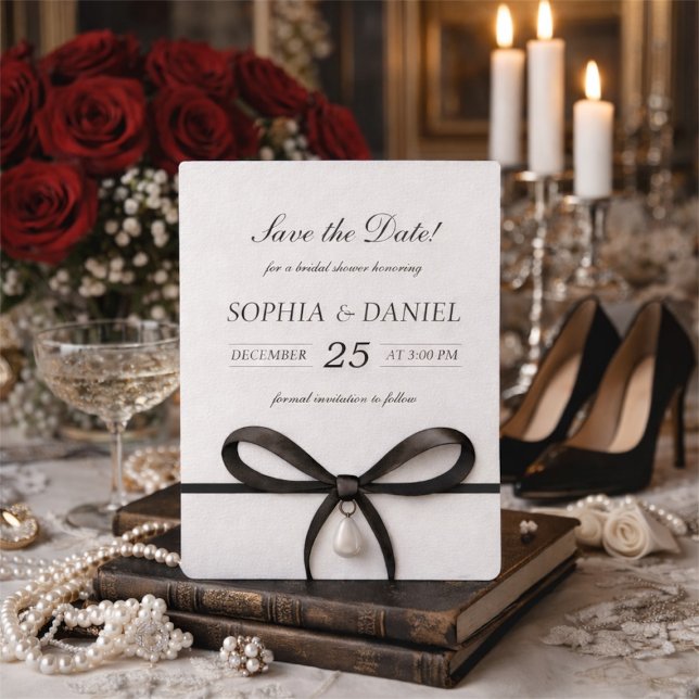 Reserve A Data Chuva de Noiva com Laço Preto e Pérola no Estilo O (Black Bow With Pearl Old Money Style Bridal Shower Save The Date)