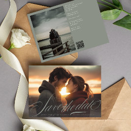 Reserve A Data Cinza Clássica Caligrafia Verde Código QR Dois Fot