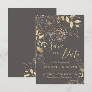Reserve A Data Cinza e Casamento Floral Moderno de Peony Dourado