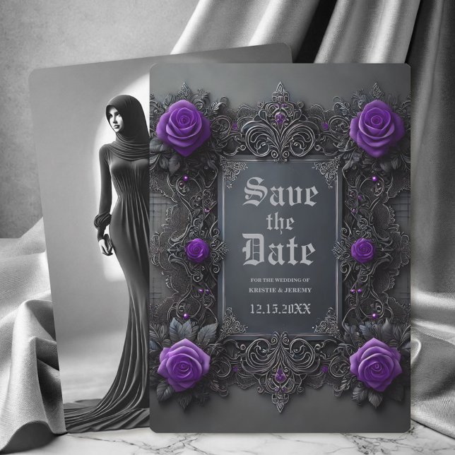 Reserve A Data Cinza Roxo Gótica Foto Floral Salvar Data (Gothic Purple Roses on dark gray with a Back Photo Save the Date Announcement.)