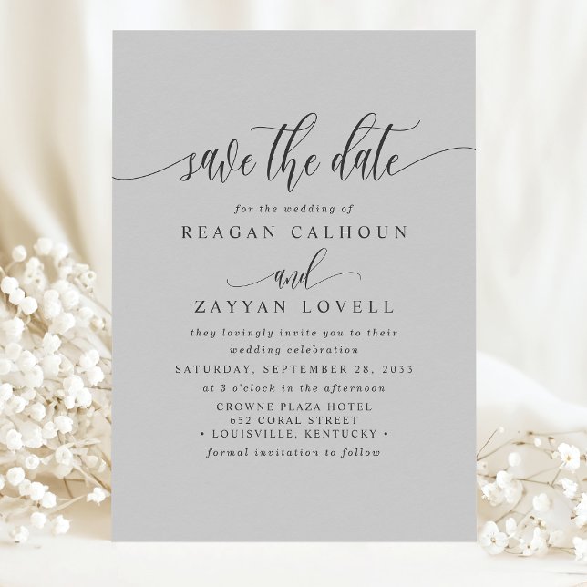 Reserve A Data Cinza Suave Caligrafia Elegante Save The Date (Criador carregado)