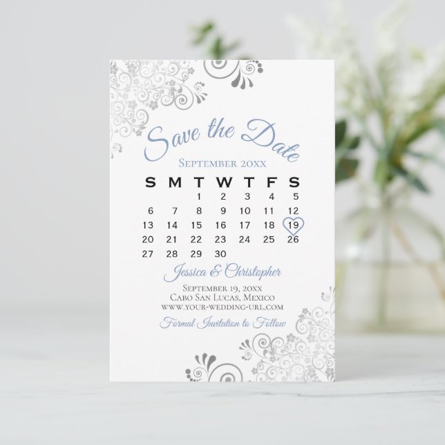 Reserve A Data Cinzas Azul e Calendário de Casamento Elegante Sim (Em pé/Frente)