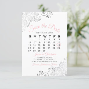 Reserve A Data Cinzas Rosa e Calendário de Casamento Elegante Si