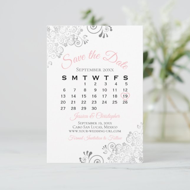 Reserve A Data Cinzas Rosa e Calendário de Casamento Elegante Sim (Em pé/Frente)