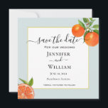 Reserve A Data Citro de Aqua com Casamento de Fronteira de Aqua<br><div class="desc">Elegante Salve o cartão de data com ilustração dos citros cor de laranja em uma borda aqua pálida. Perfeito para casamentos de Verão.</div>
