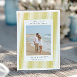 Reserve A Data Citrus | Classic Pinstripe Photo Wedding<br><div class="desc">Announce your upcoming wedding with these elegant save the date cards by Redwood and Vine Design Co, featuring a vertical photo against a classic preppy pinstripe background in citrusy yellow green and crisp white. Customize the back with additional text and a custom QR code leading to your wedding website for...</div>