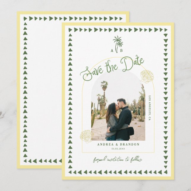 Reserve A Data Citrus Yellow Coastal Palm Tree Seashell Wedding (Frente/Verso)