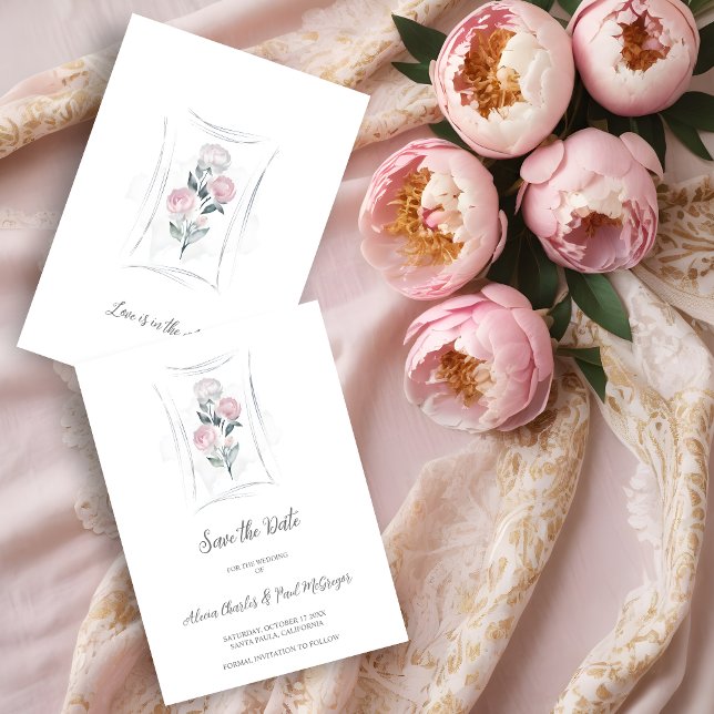 Reserve A Data Classic Cute Floral Peonies Bunch in Gray & Pink (Classic Cute Watercolor Effect Floral Peonies Bunch in Gray & Pink Wedding Save the Date Card.)