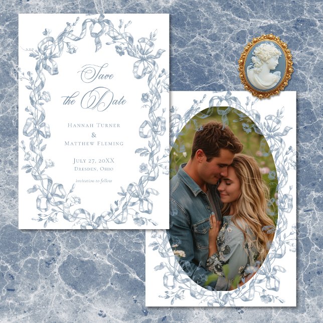 Reserve A Data Classic Elegant Blue Floral Ribbon Photo Wedding (Classic Elegant Blue Floral Ribbon Photo Wedding Save The Date)