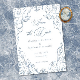 Reserve A Data Classic Elegant Dusty Blue Floral Frame Wedding