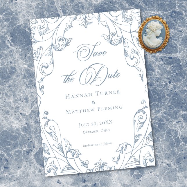 Reserve A Data Classic Elegant Dusty Blue Floral Frame Wedding (Classic Elegant Dusty Blue Floral Frame Wedding Save The Date)