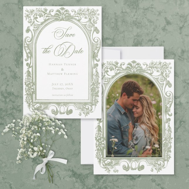 Reserve A Data Classic Elegant Sage Arch Frame Photo Wedding (Classic Elegant Sage Arch Frame Photo Wedding Save The Date)