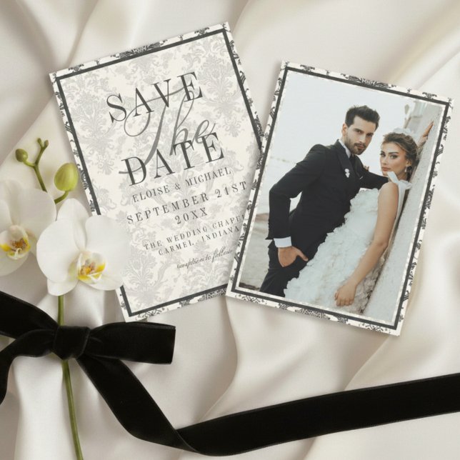 Reserve A Data Classic Ivory Damask Rococo Pattern Photo Wedding (Classic Ivory Damask Rococo Pattern Photo Wedding Save The Date)