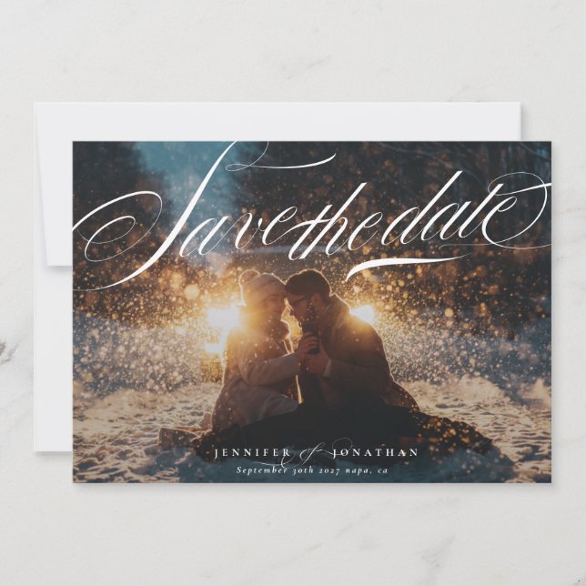 Reserve A Data Clássica Caligrafia Elegante de Marinho Foto de Có (Frente)