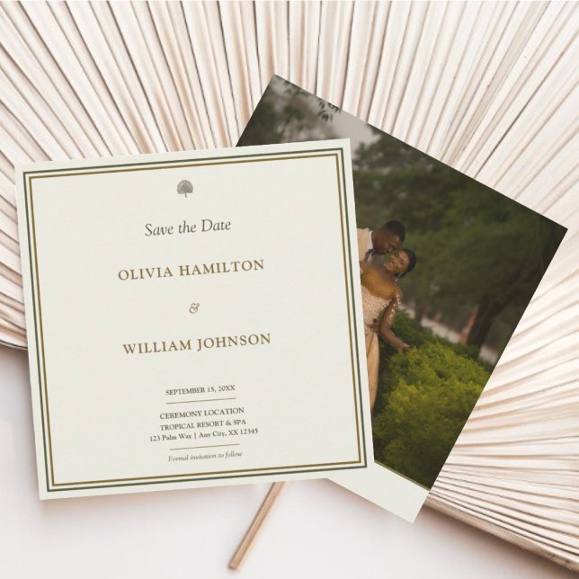Reserve A Data Clássico Quadrado Marfim e Dourado de Foto Salvar  (Elegant ivory & gold Save the Date with photo back—timeless, personal, and refined.)